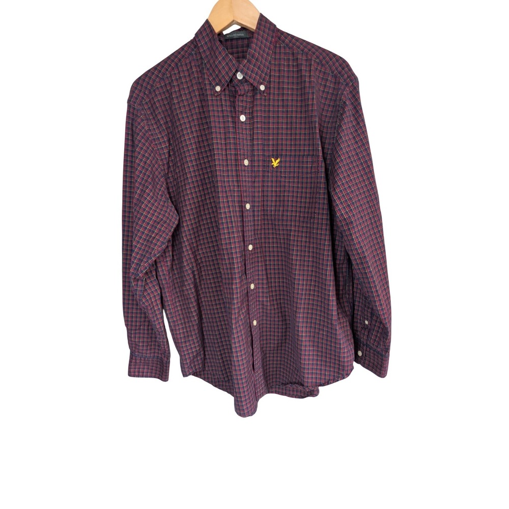 Lyle & Scott Mens Plaid Button Down‎ Shirt Navy Red 80s 2-Ply Cotton Long Sleeve